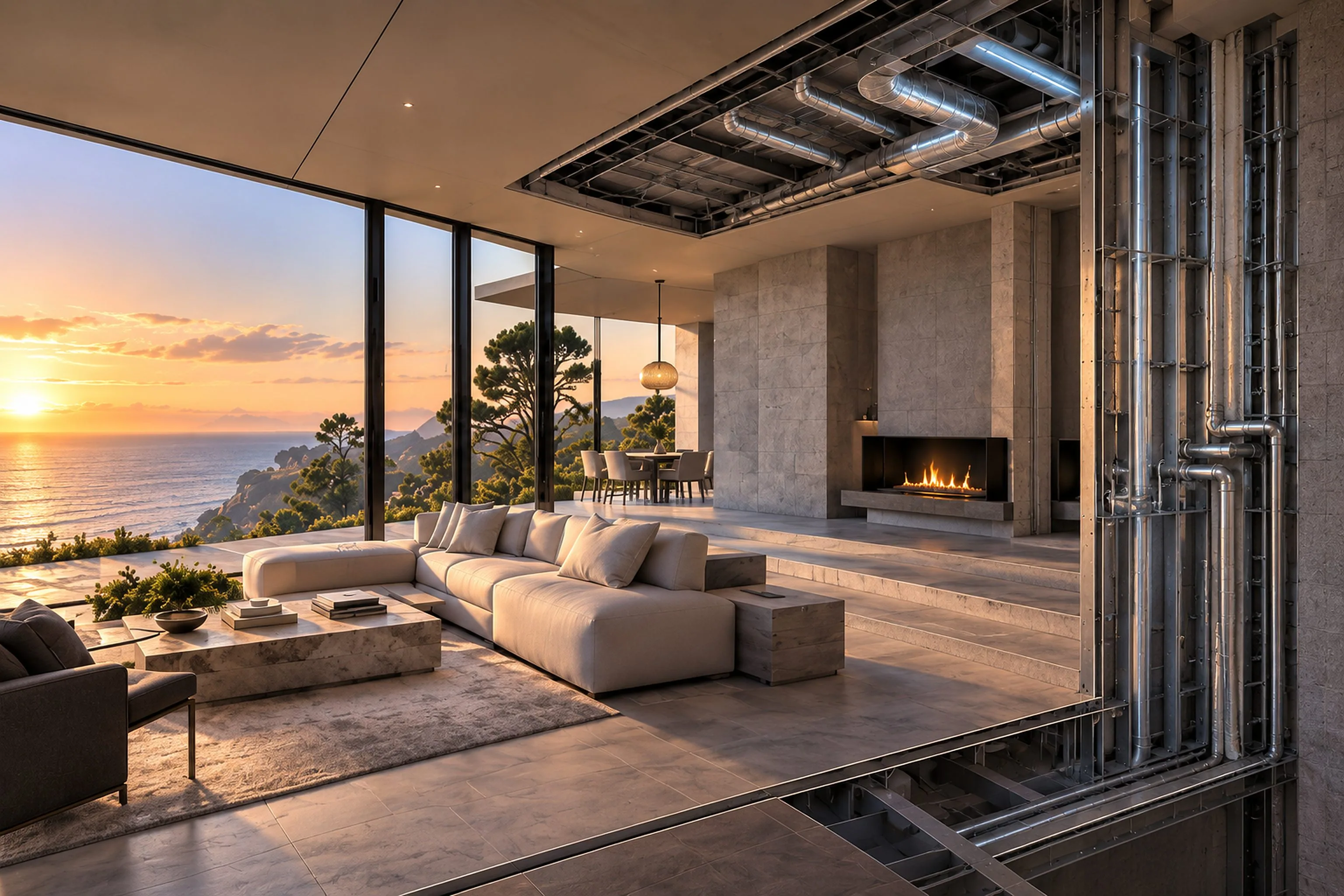 A living room at dusk with the ceiling and one wall cut away to show the ducts and pipes behind them