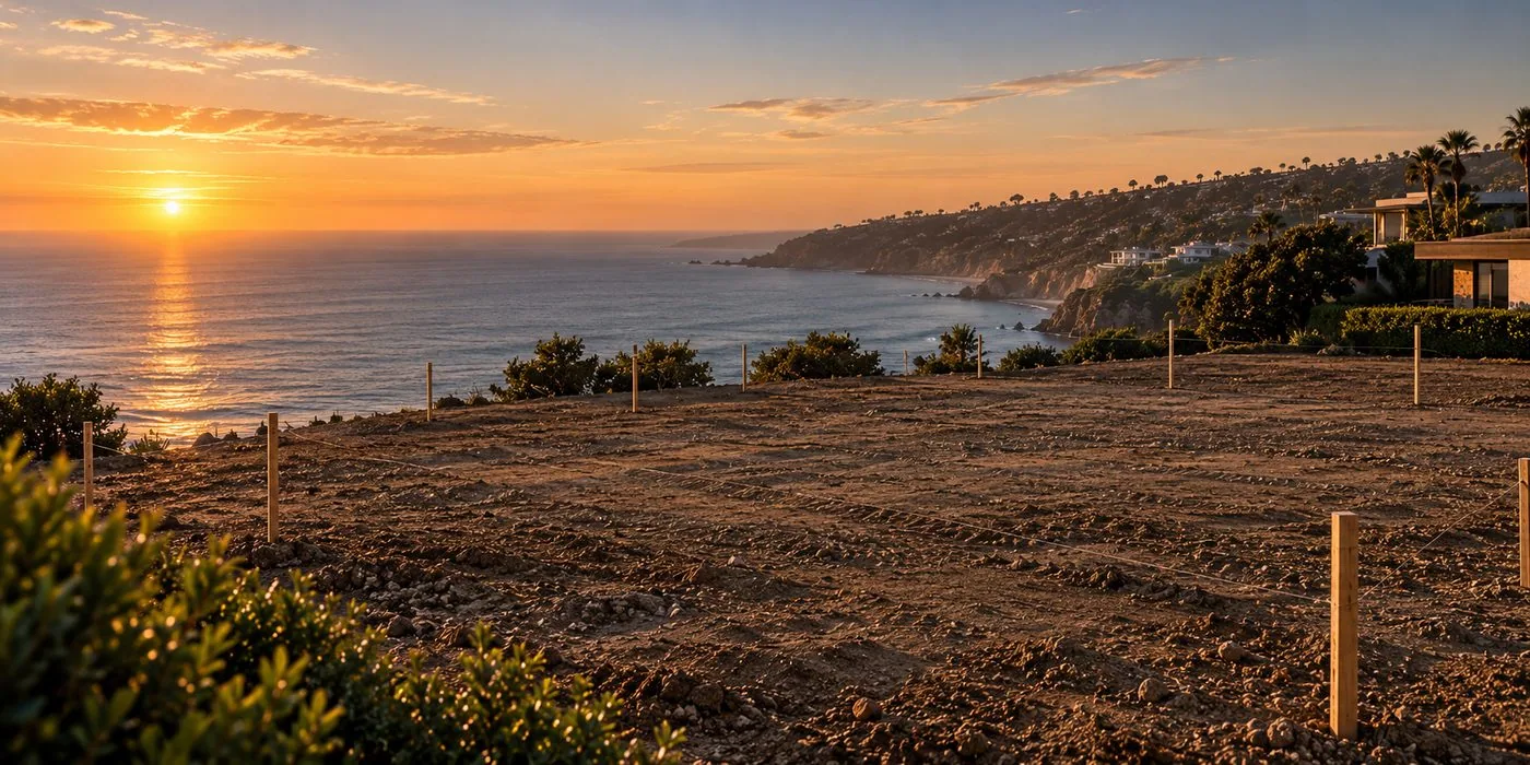 A staked coastal lot at sunset