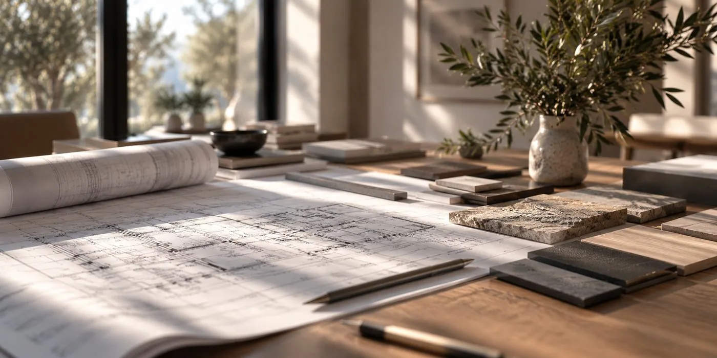 Drawings and samples on a table